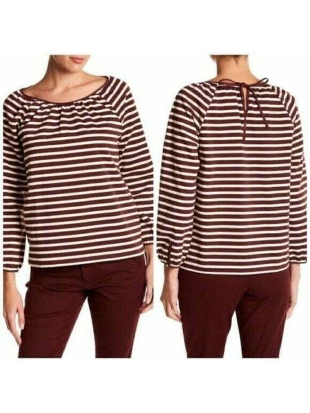 𝅺J. Crew Brown Cream Striped Boat Neck Long Sleeve Blouse Shirt Size Small NWOT